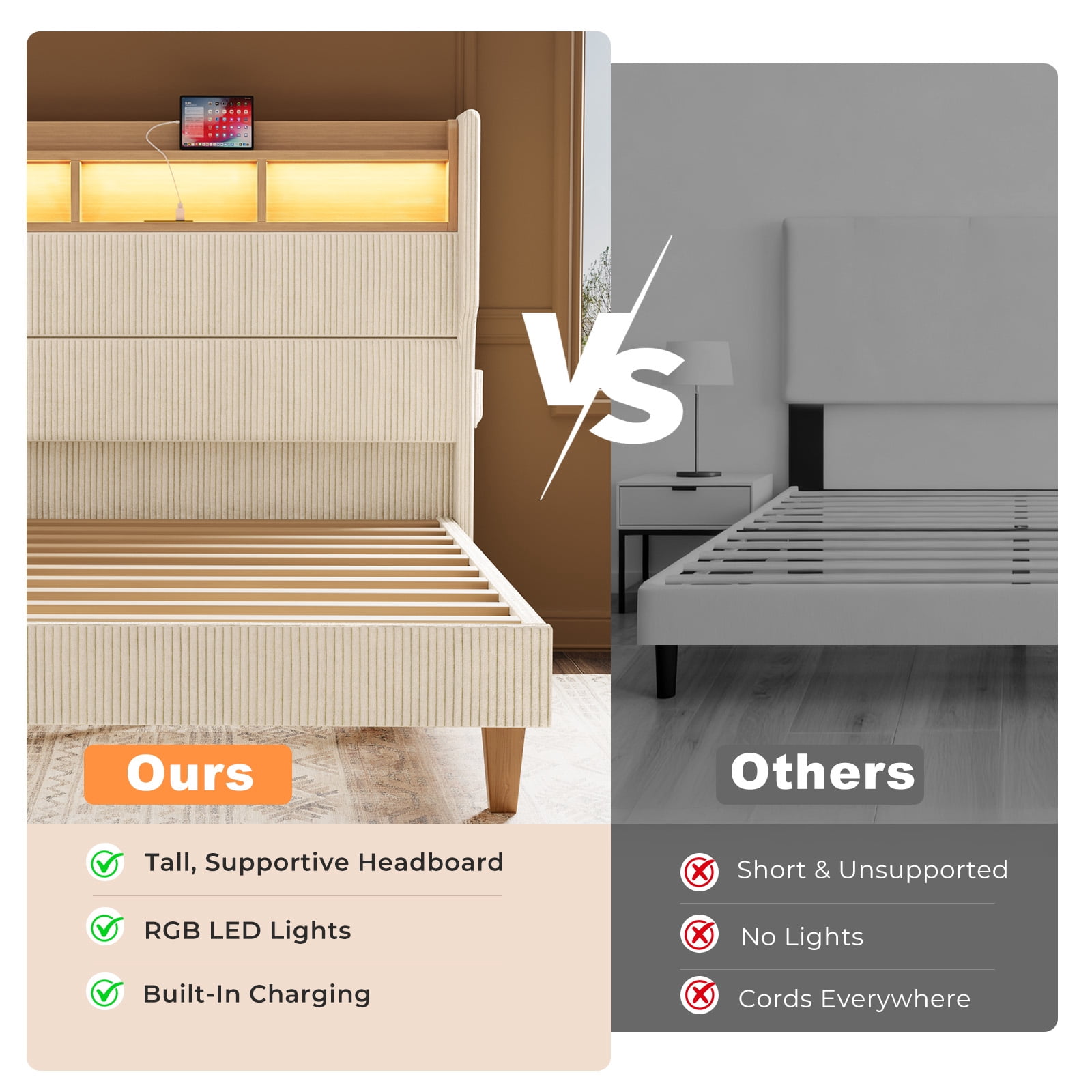 Bed Frame Queen Size with 51" Tall Headboard, LED Lights and Charging Station, Corduroy Upholstered Bed Frame Queen with Storage Shelf, No Box Spring Needed, Beige