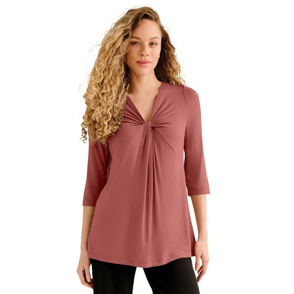 ellos Plus Size Stretch Knit V-Neck 3/4 Sleeve Knot Front Tunic