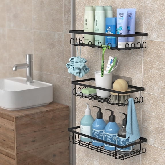 VyGrow 3 Pack Adhesive Shower Caddy with 36 Hooks, Shower Organizer with Large Capacity, Rust Proof Shower Shelves Drill Free, Black