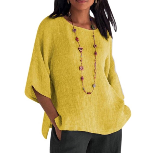 Qarigey Ropa de mujer Camisa de cuello de manga 3/4 Top casual de lino de algodón de manga 3/4 Prendas para la parte del cuerpo amarillo 5XL