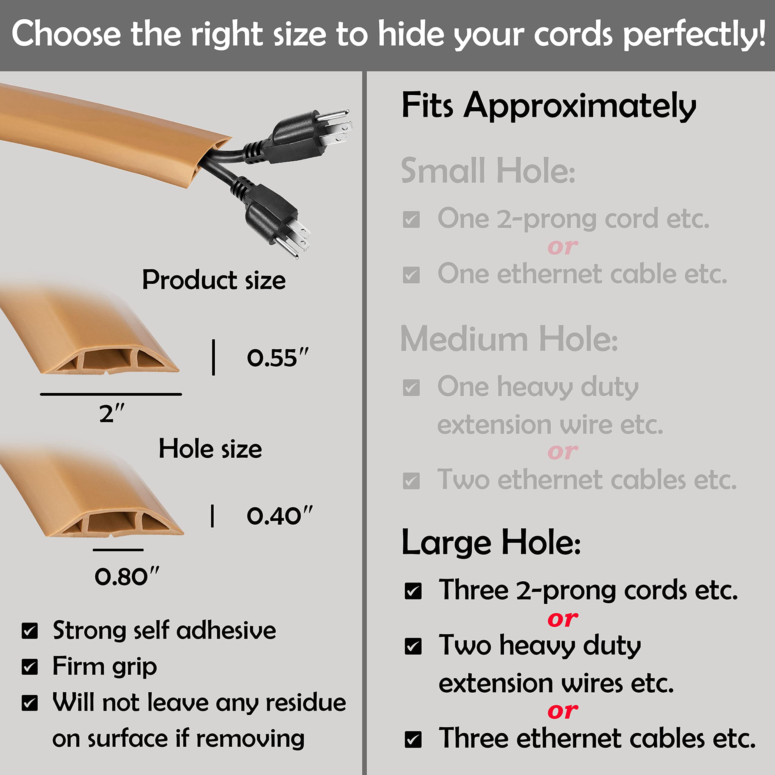 Rubber Bond TV Cord Hider Cable Protector - Strong Self Adhesive Wall Cord  Cover Cable Hider - Low Profile Cable Management Wall Cord Concealer Cable  Raceway - Brown - 2 Thick Cords - 8 Feet 
