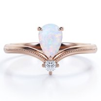 JeenMata Milgrain Border - 1 Carat Pear Cut Genuine Opal and Moissanite - V Shaped Double Stone Engagement Ring - 18K Rose Gold Plating over Silver