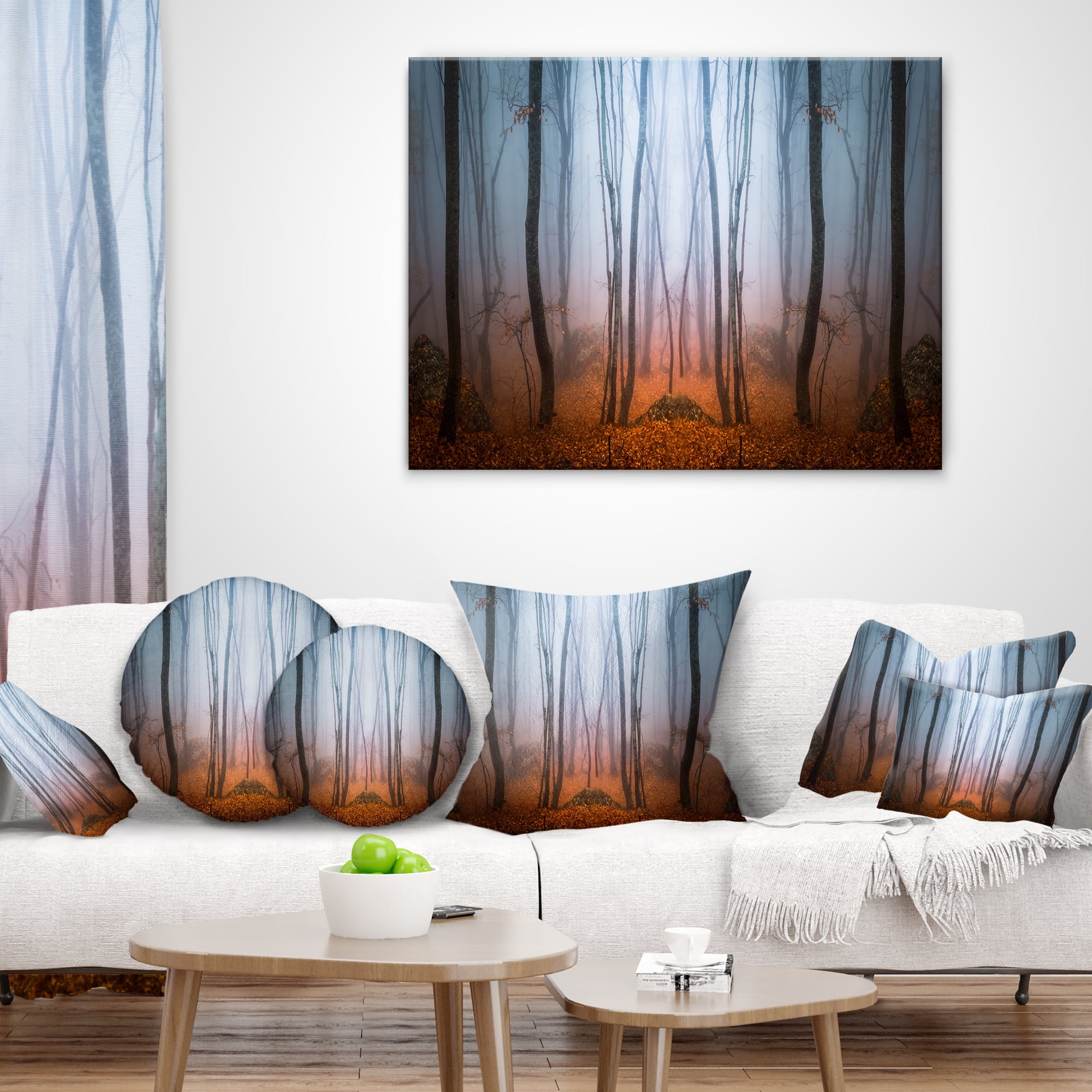 Designart Dense Foggy Autumn Forest - Landscape Photo Throw Pillow - 16x16