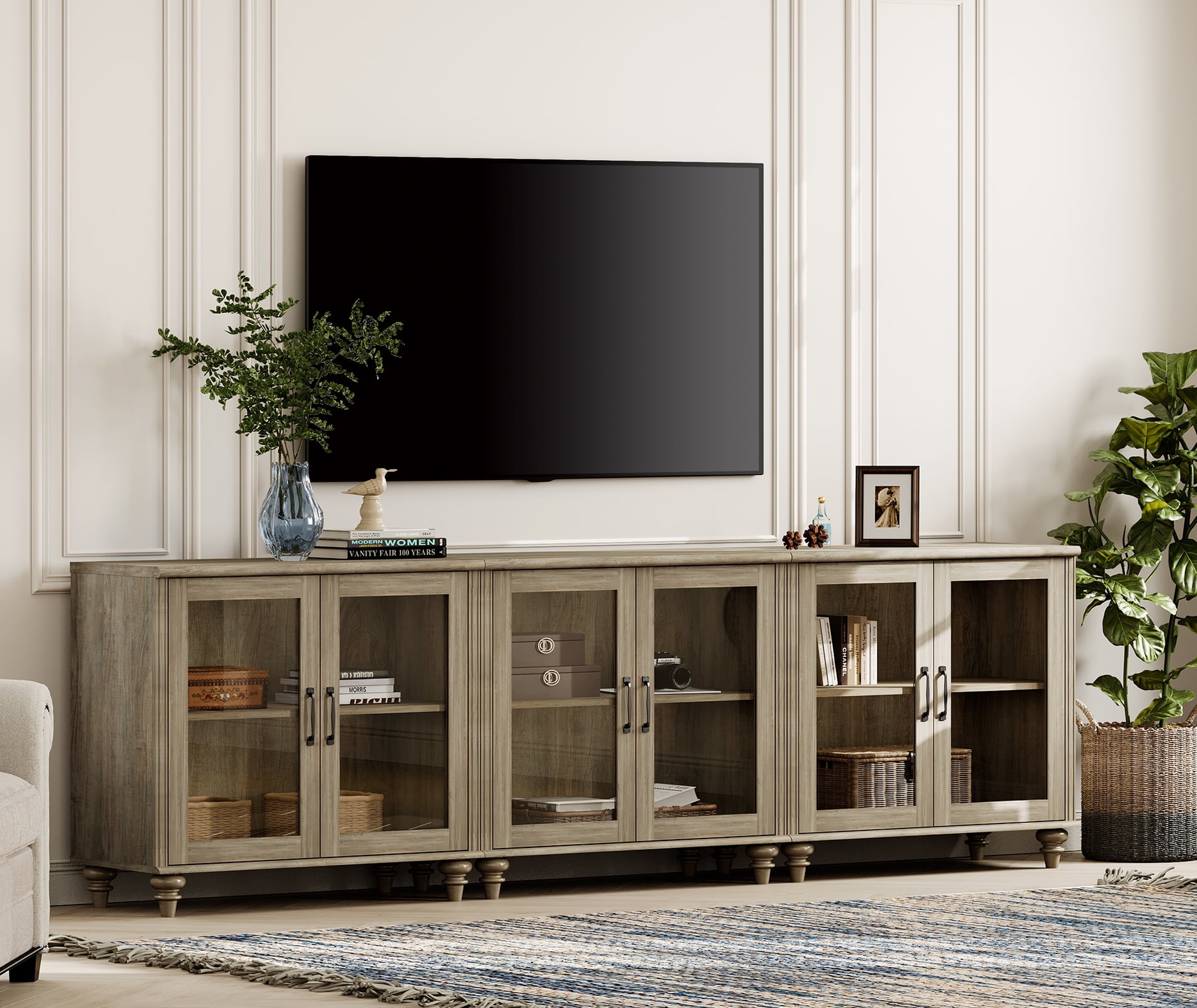 Farmhouse Style 100 inch TV Stand, Console Table with 6 Glass Doors for Living Room or Bedroom, Wash Gray, All Dimension: 101.6"×15.7"×30.9"(L×W×H)