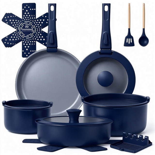 Juego de utensilios de cocina Ammeloo de cerámica antiadherente de 18 piezas, color azul marino
