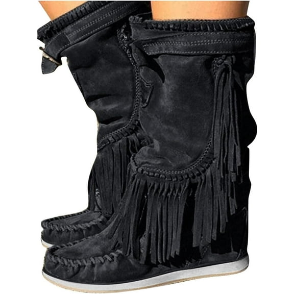 Fringe Cowboy Boots for Women's, Winter Faux Suede Ankle Boots Round Toe Warm Flat Dress Cowgirl Booties Vintage Mid Calf Riding Boots