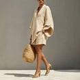 thumbnail image 5 of Morttic Women's Solid Color Batwing Sleeve 2 Piece Set – V-Neck Top & Loose Shorts with Pockets Casual Summer Outfit Apricot，S, 5 of 6