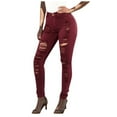 thumbnail image 2 of ZHOGXU Women's Distressed Jeans Solid Color Slim Fit Ankle-Length Stretch Comfortable Trendy Denim Pants Trousers For Casual Daily Wear,Brick Red,Xl, 2 of 9