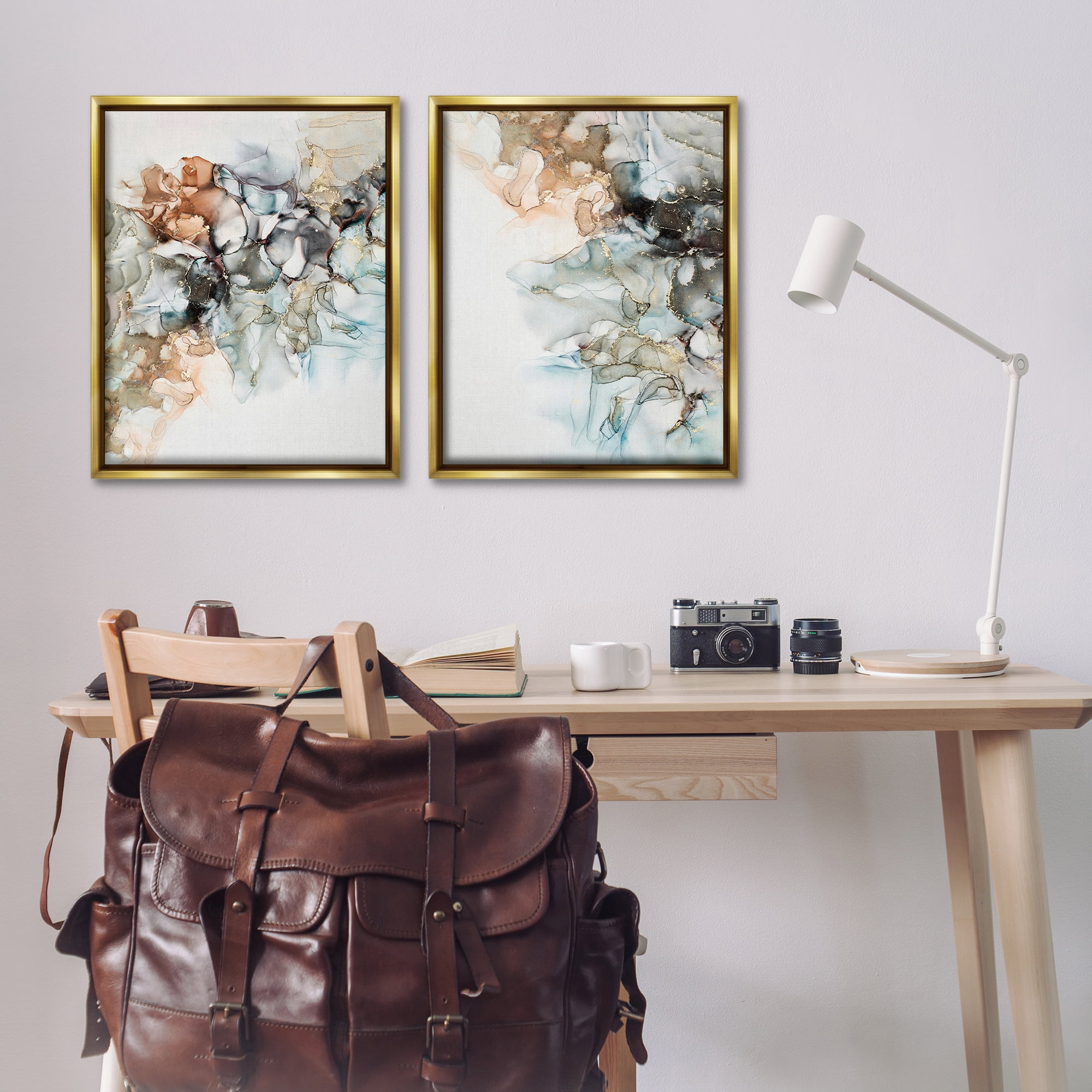 Stupell Industries Abstract Alcohol Ink Blue Copper Abstract Painting Gold Floater Framed Canvas Art Print Wall Art, 31 x 25, Set of 2