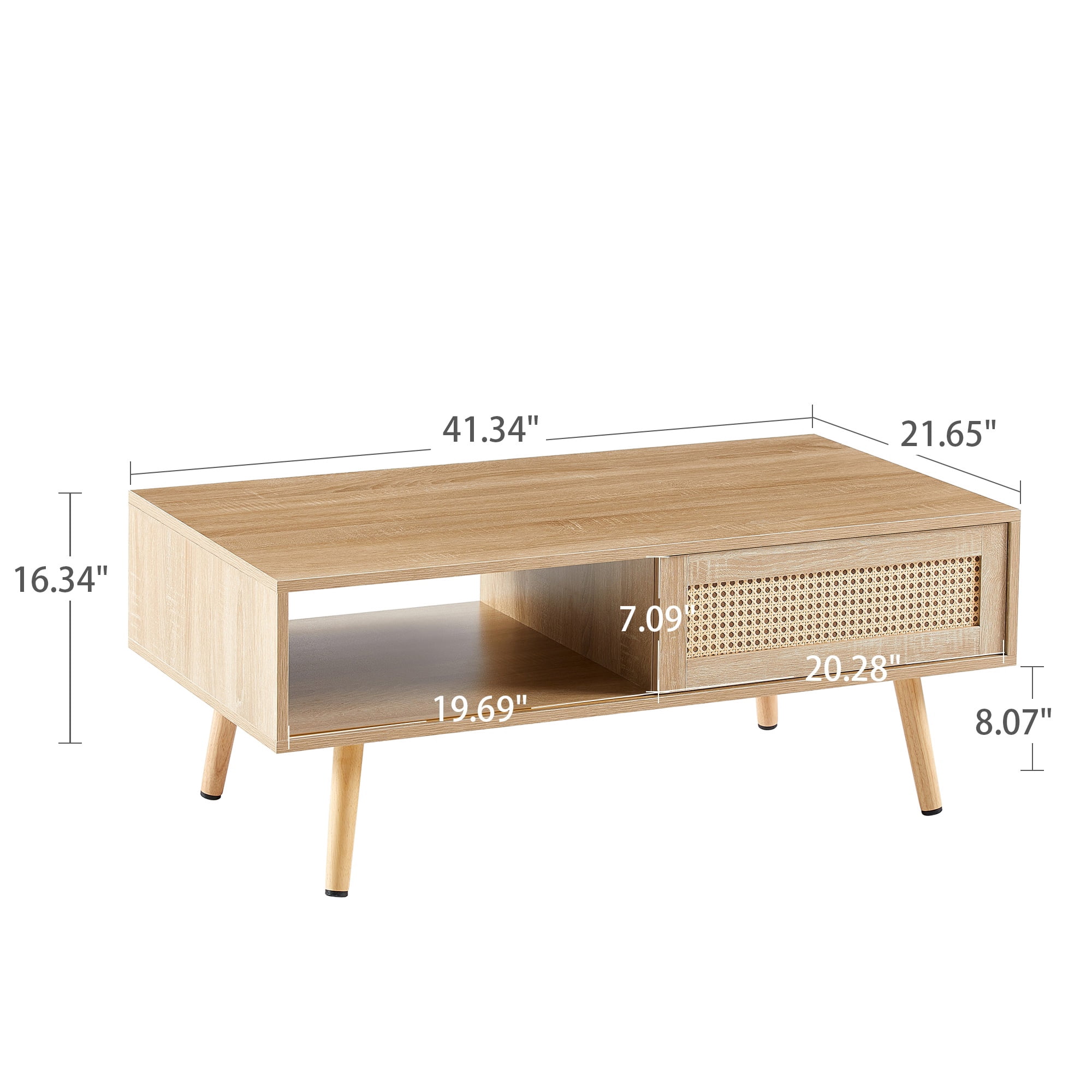 PAPROOS Rattan Coffee Table with Sliding Storage Door, Solid Wood Legs - Ideal for Living Rooms, Natural