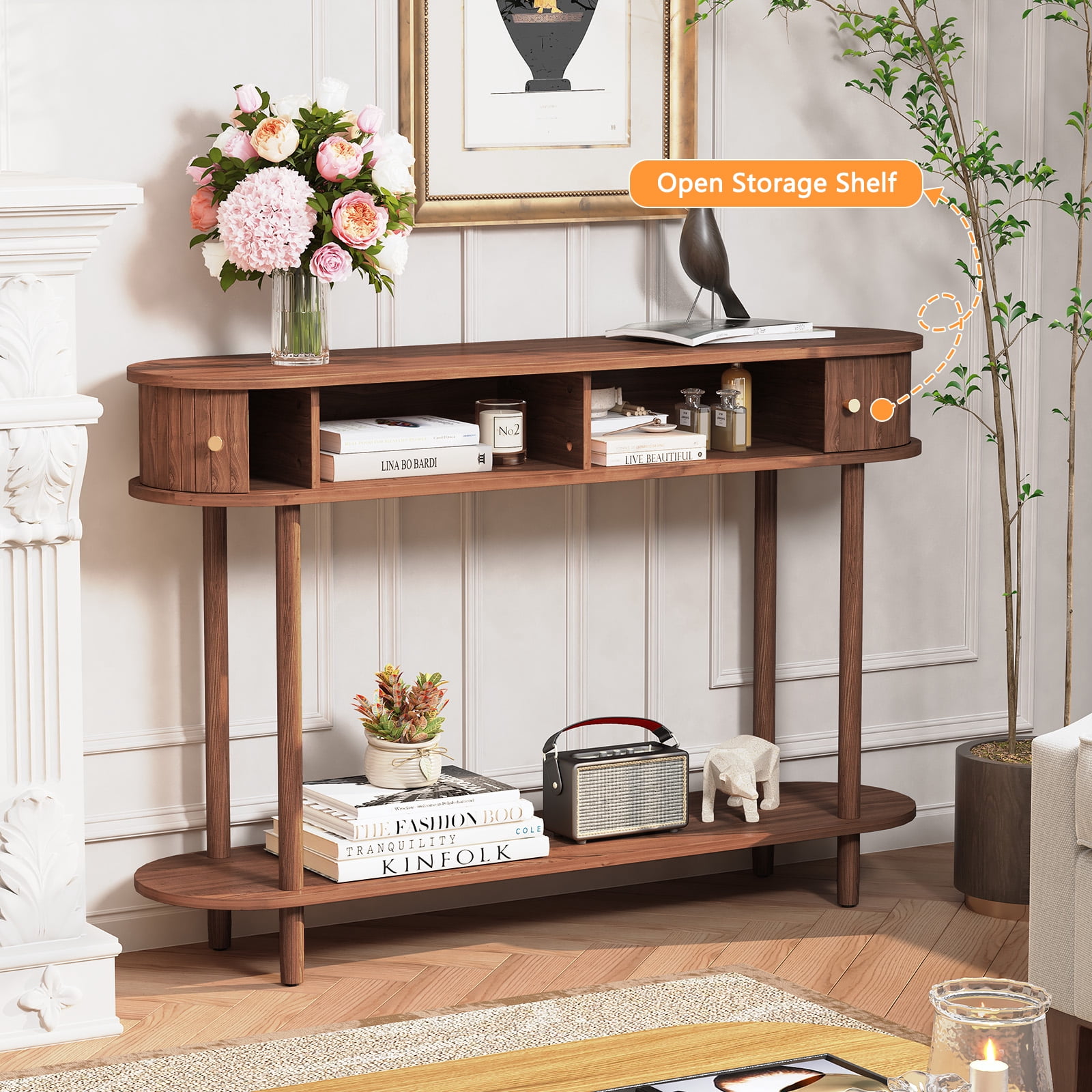 CBJCBJ 47.5" Console Modern Entryway Table with Wood Tambour Door Sofa Console &Storage Shelf for Hallway, Living Room（Brown）