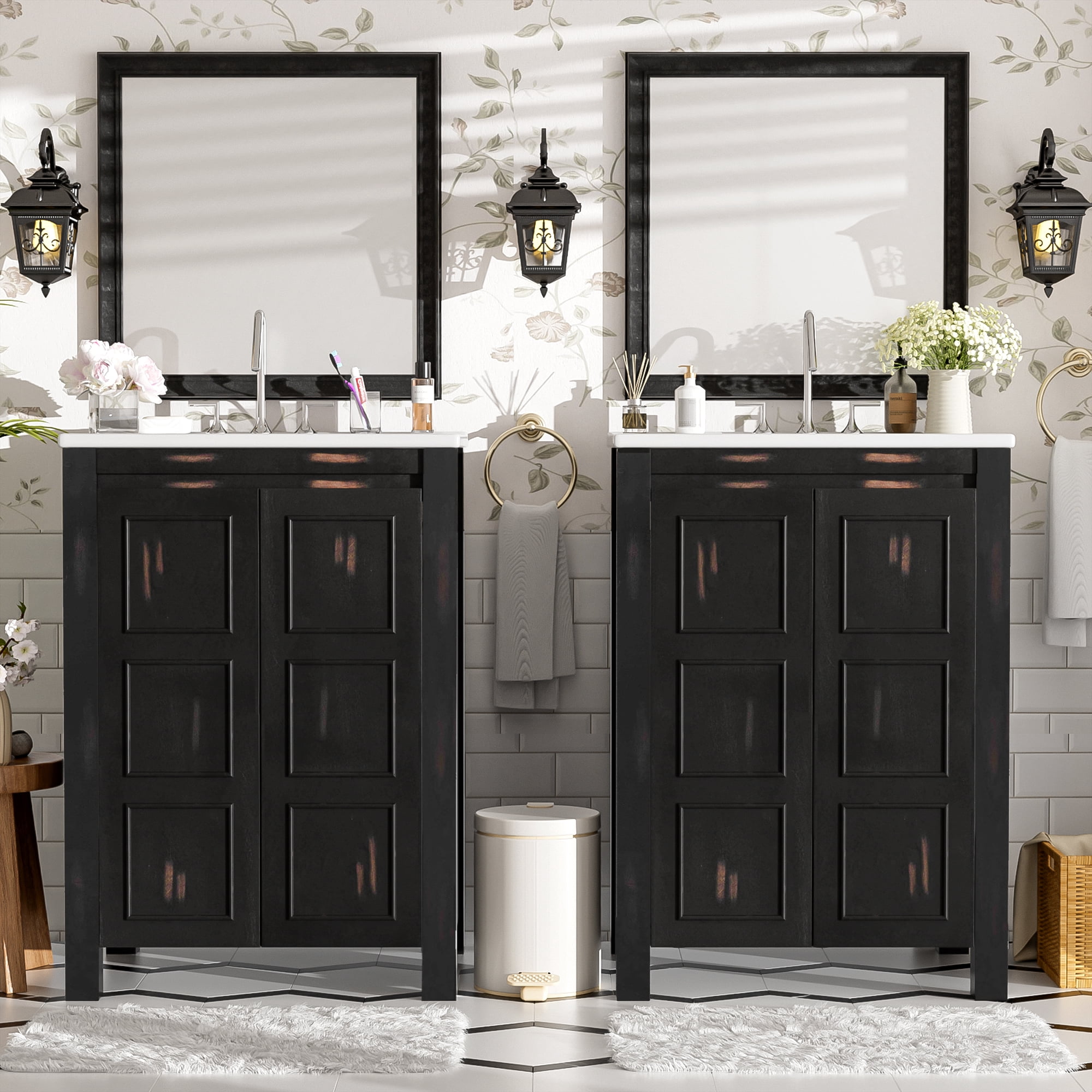 Euroco 48" Vintage Style Bathroom Vanity Combo with Double Vanities (separate), Double Ceramic Sinks, storage Shelf and Soft Close Doors