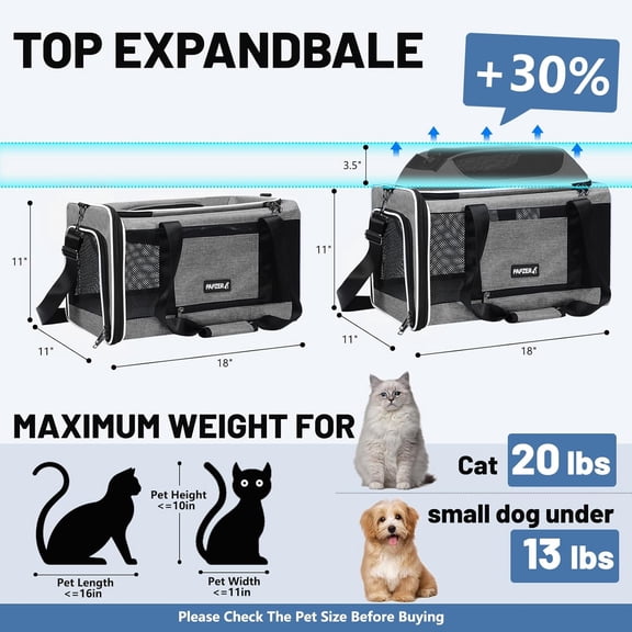 Cat Carrier Top-Expandable 18x11x11, United  American Airline Approved Dog Carrier, Soft-Sided Pet Carry Bag Under-Seat in Cabin, Puppy Airplane Travel Crate TSA Plane Kitten Cage Grey