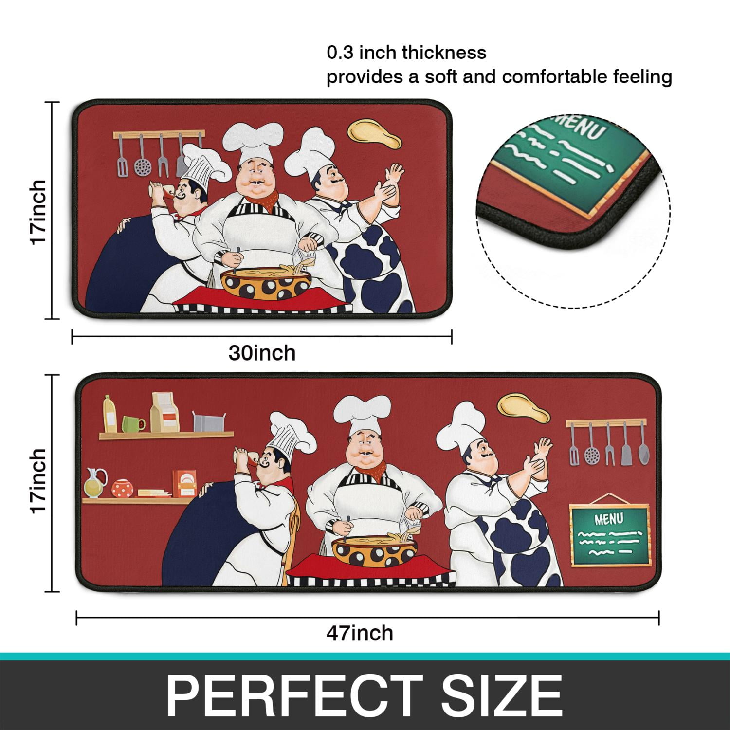 Fat Chef Kitchen Rugs and Mats Sets of 2-Red Kitchen Decor Rugs-Rubber Backing Non-Slip Floor Mat for Sink Washable Waterproof Laundry Room Runner Rugs