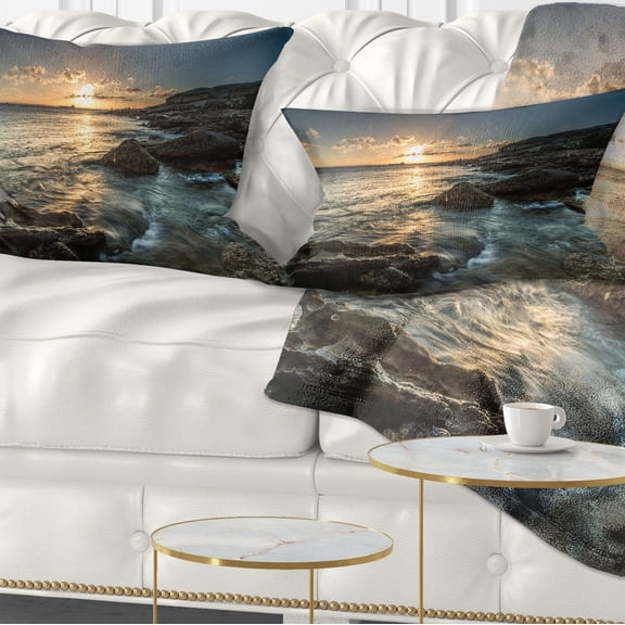 Designart Sydney Beach with Bright Sunset - Seascape Throw Pillow - 12x20