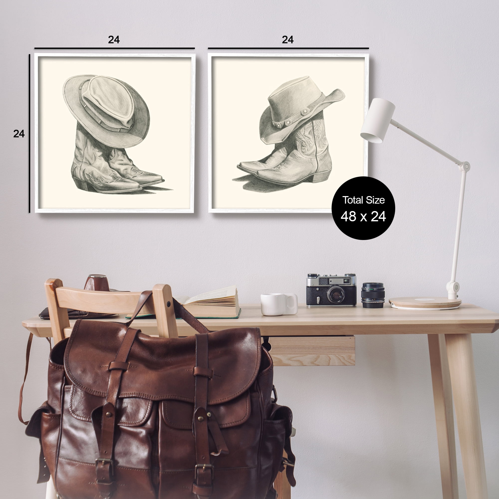 Stupell Industries Rustic Cowboy Boots Beauty & Fashion Drawing White Framed Art Print Wall Art, 24 x 24, Set of 2
