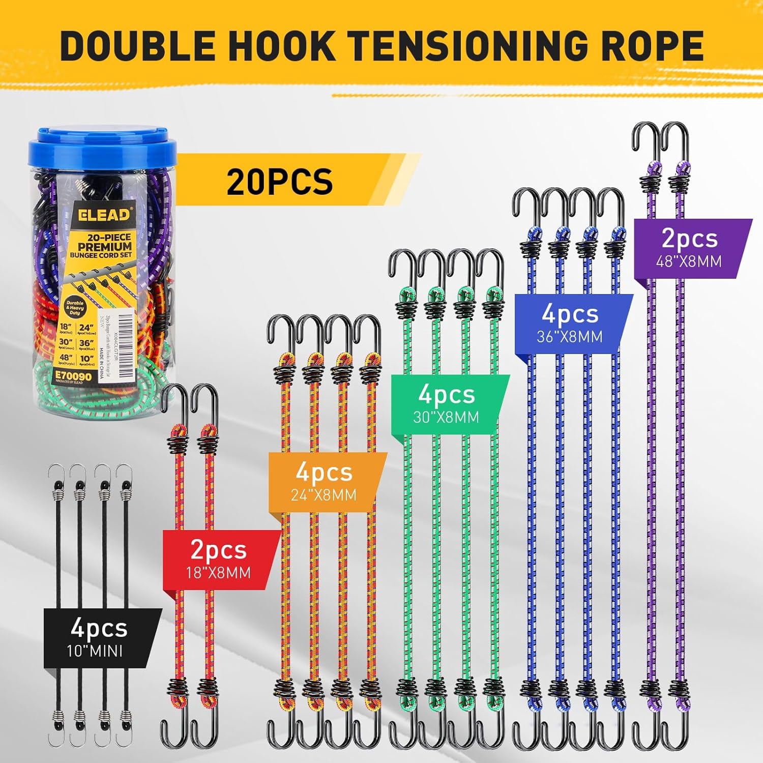 Bungee Cords Heavy Duty Outdoor: 20 Pcs Premium Rubber Bungee Cords with Hooks in a Storage Jar Includes 10", 18", 24", 30", 36", 48" Bungee Cord for Camping, Tent, Fastening Items