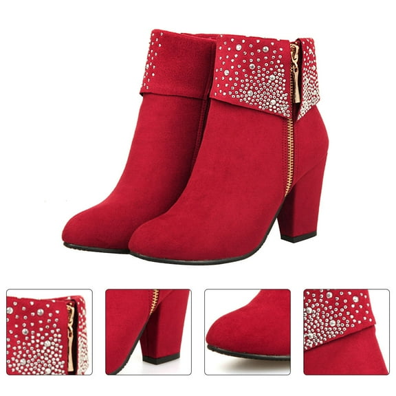 PAMINGONO 1 Pair Red Short Boots For Girls With High Heel And Side Zipper Pu And Rubber Material Elegant Style