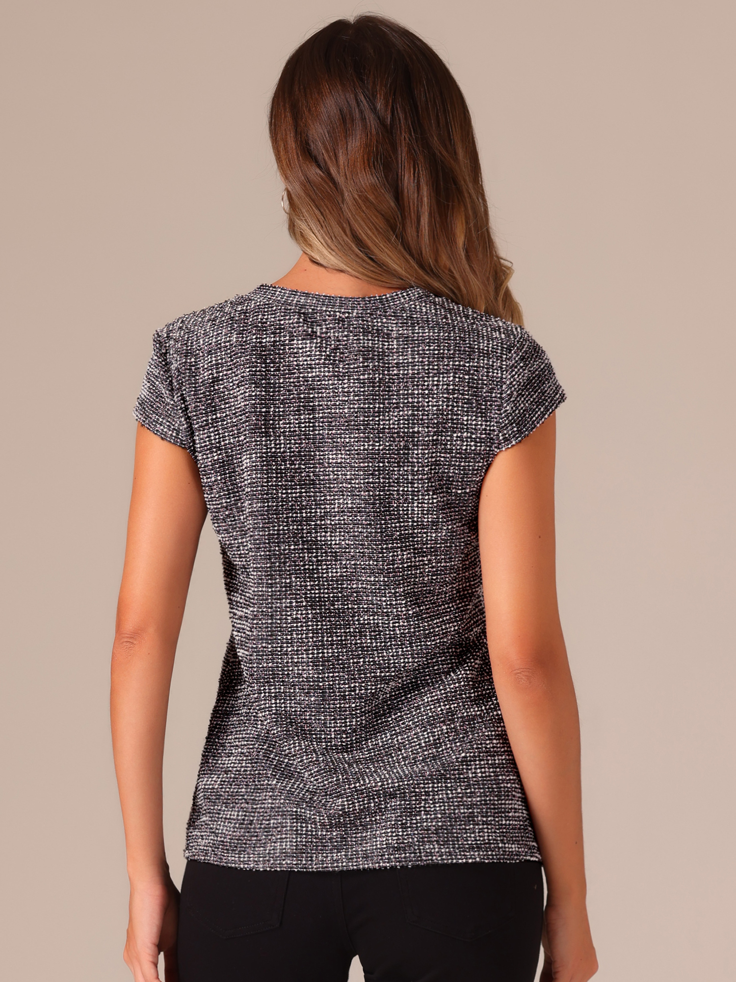 DARING DIVA Women's Tweed Plaid Short Cap Sleeve Casual Blouses XS Pink Black