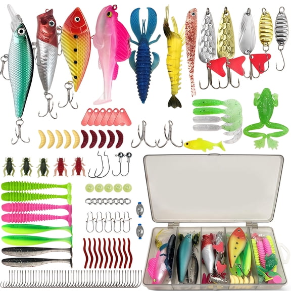 Rirool 133 PCS Fishing Lures Kit with Tackle Box, Crankbaits, Spoon Lures, Soft Baits, Hooks, Jigs, Weights and Accessories for Bass Trout Freshwater Fishing Gift for Men Anglers
