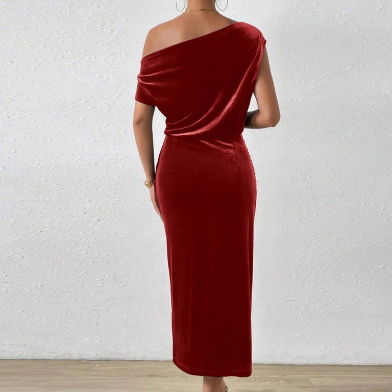 Bpmpbo Cocktail Dresses for Women, Velvet Off the Shoulder Dress Elegant Bodycon Wedding Guest Dress with High Leg Slit, Women's, Size: Medium, Red