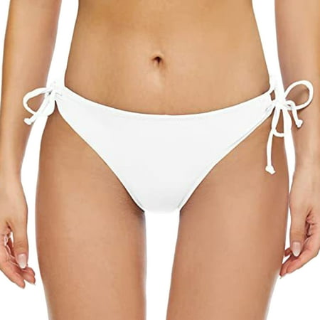 Durtebeua Women s Tie Side Bikini Bottoms Mid Rise String Bathing Suits Bottom White L