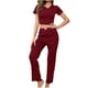 thumbnail image 2 of Puntoco Conjuntos de pijama cómodos para mujer, conjunto de pijama de moda para mujer con cuello redondo, color sólido, lazo ondulado, manga corta, pantalones con cintura elástica, 2 of 4