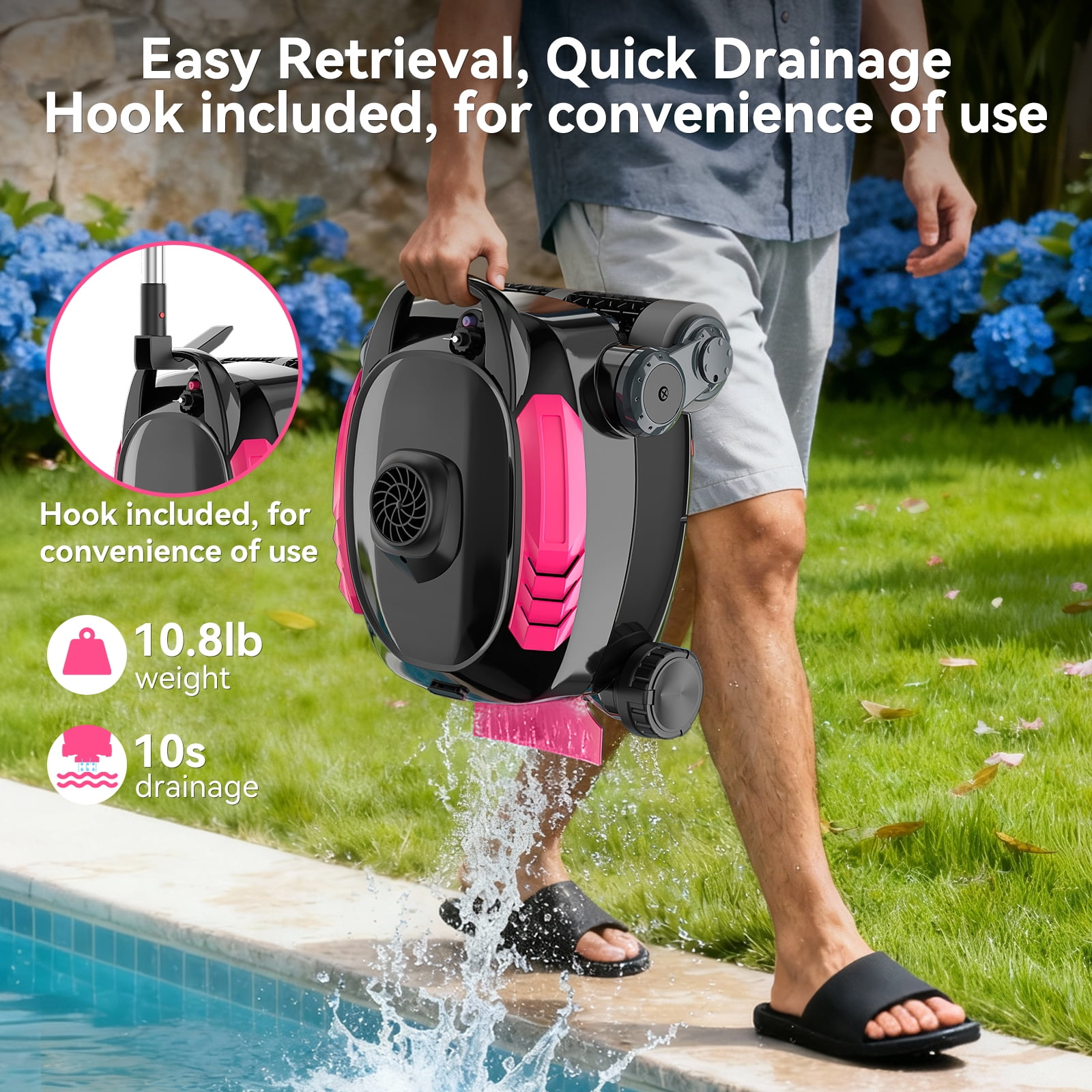 Robokleen RK-X3 Cordless Robotic Pool Vacuum Cleaner Wall-Climbing for In-Ground and Above Ground Pools, 140-Min Runtime,8L Large Capacity,Pink