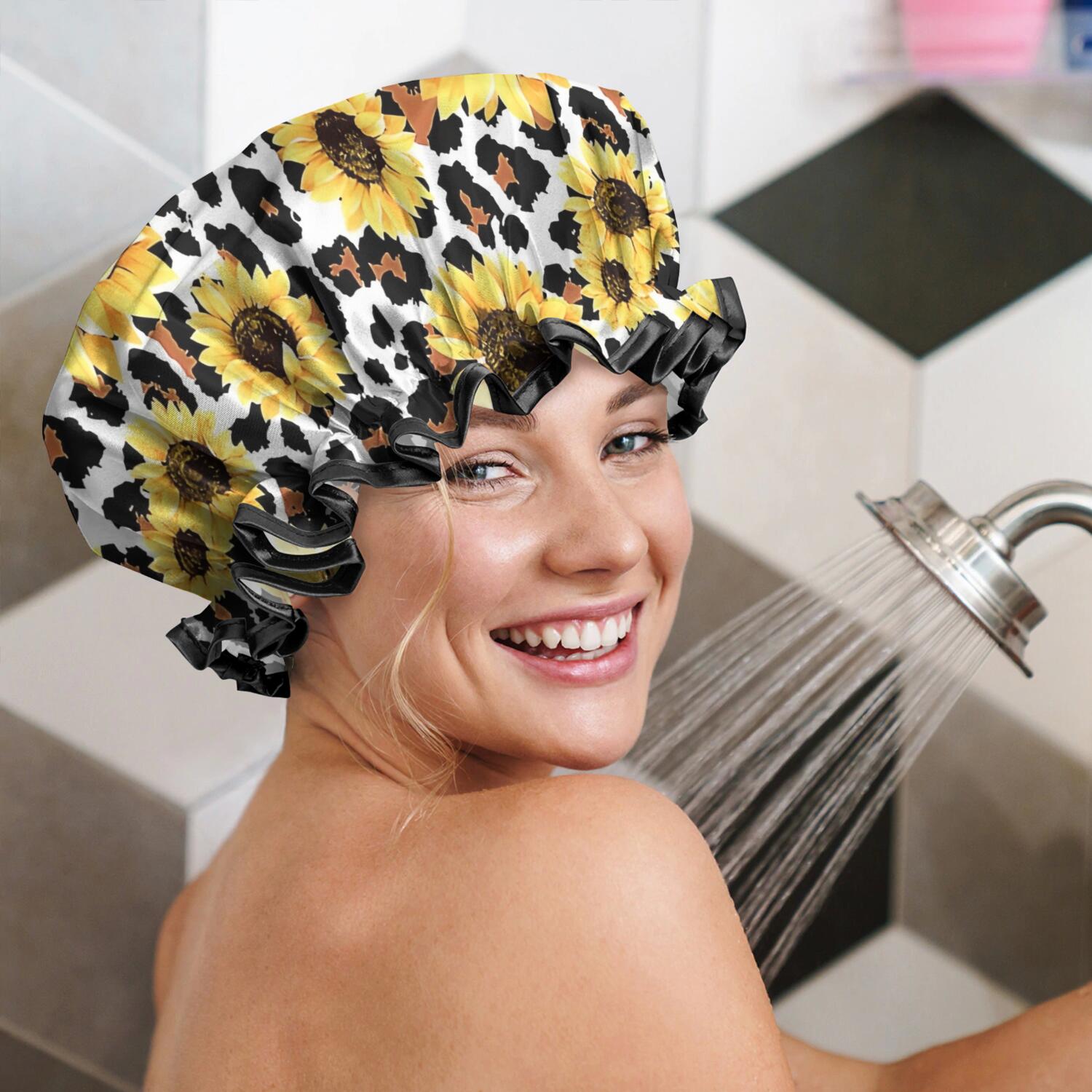 Shower Caps,Leopard Sunflower Pattern Waterproof Shower Cap for Women 4 Pieces,Double Reusable Hair Cover for Shower PEVA Elastic Stretch Hem
