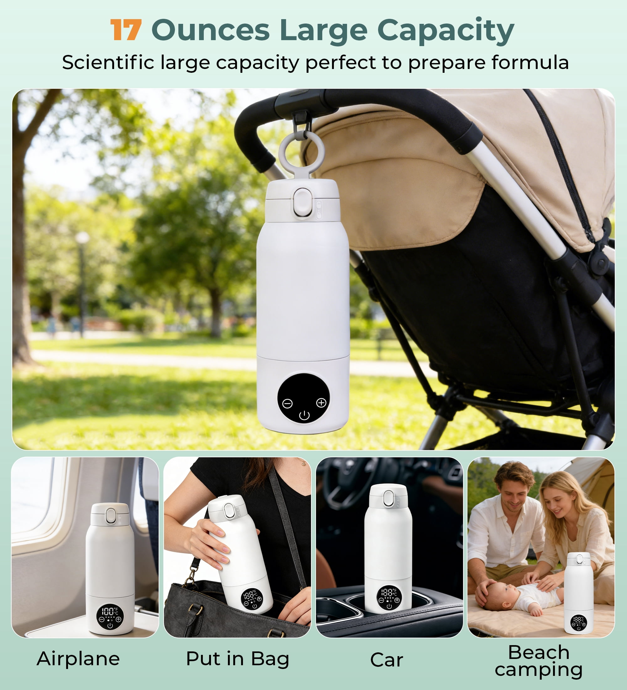RUPOUN 17oz Large Capacity Cordless Portable Bottle Warmer - Baby Milk Warmer for Breast Milk, Formula & Water, Travel & Outdoor Use, White