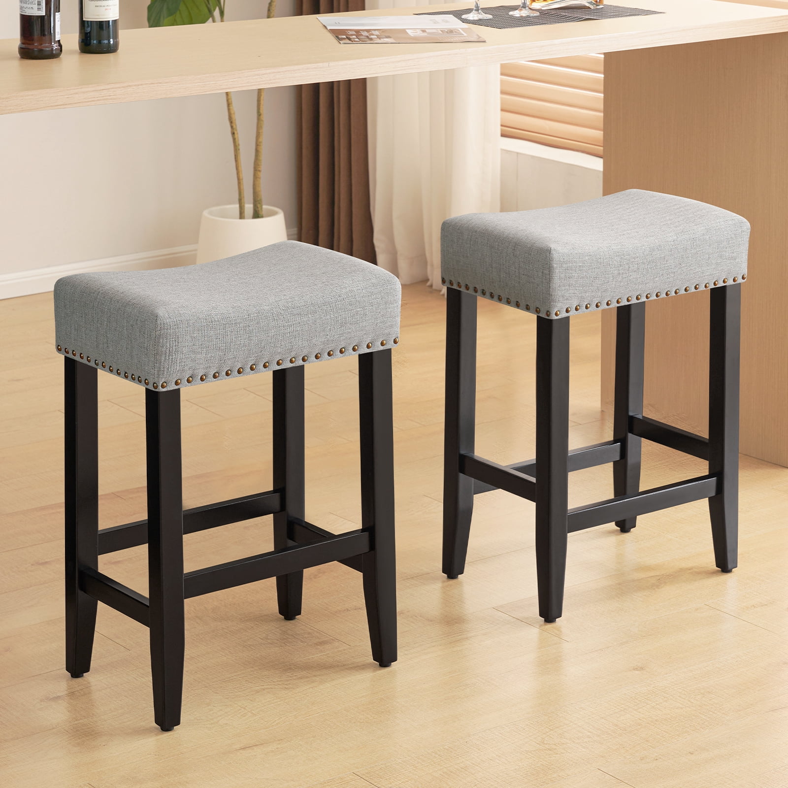 Furniliving 26" Modern Saddle Barstools, Linen Backless Kitchen Counter Bar Stool, Set of 2, Gray