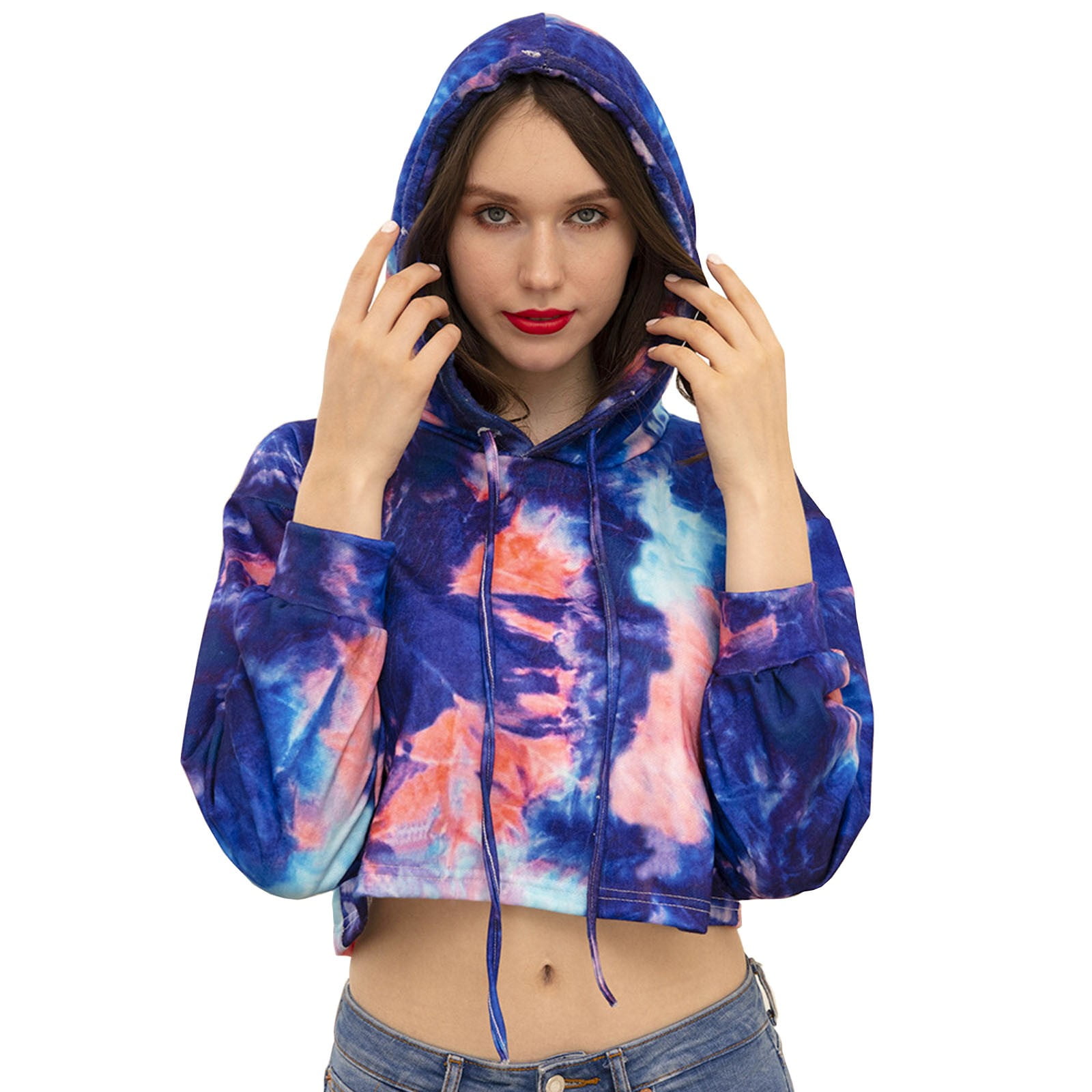 Rrive Womens Short Crop Drawstring Tie Dyed Pullover Hooded Sweatshirts