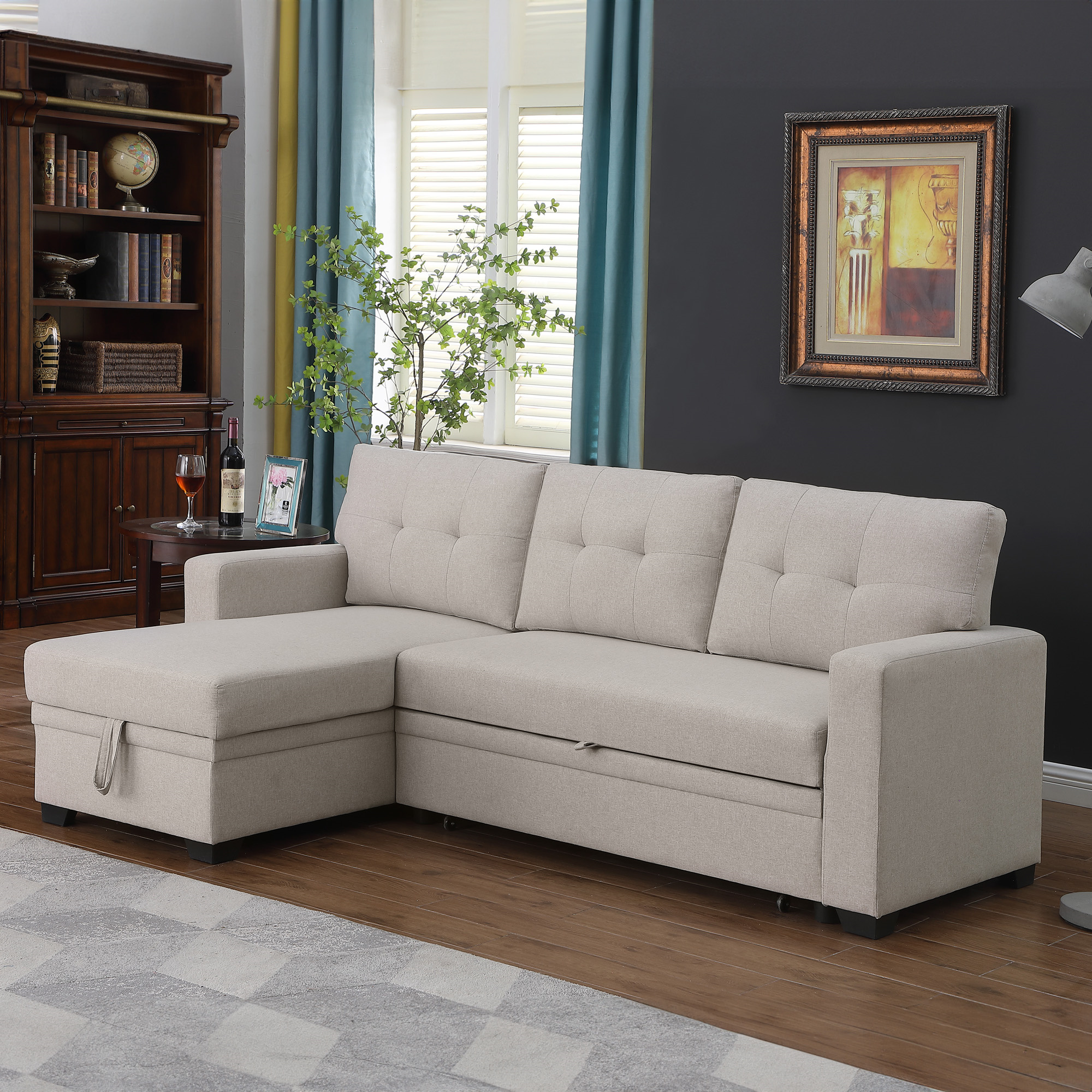 Aukfa 83" Sofa Bed, Sleeper Sofa, Pull Out Bed w/ Storage Chaise for Living Room, Linen, Beige