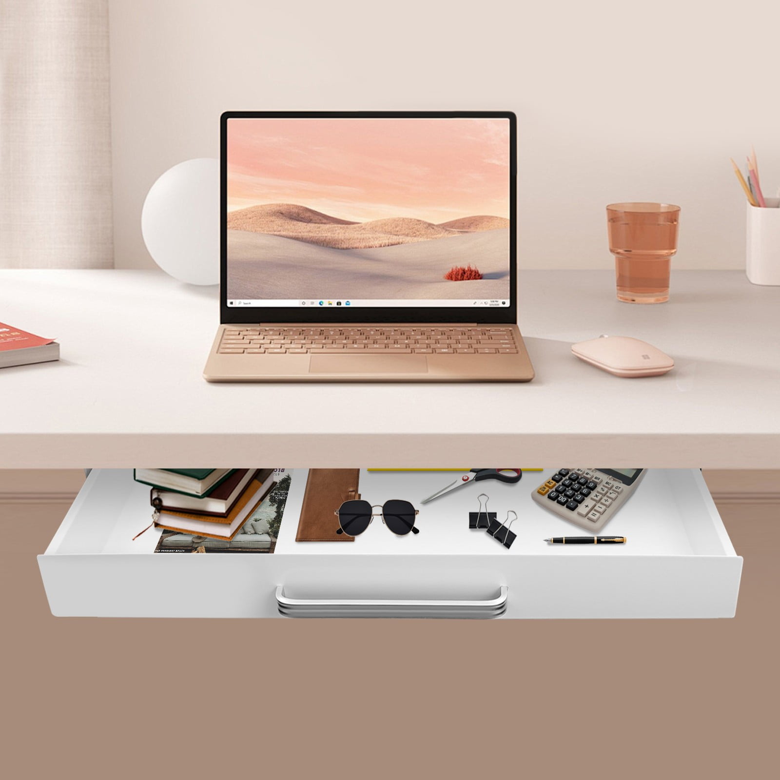 White Under Desk Mounted Sliding Pull-out Drawer, Drawer Storage Organizer for Standing Desks, Pull-out Drawer Iron