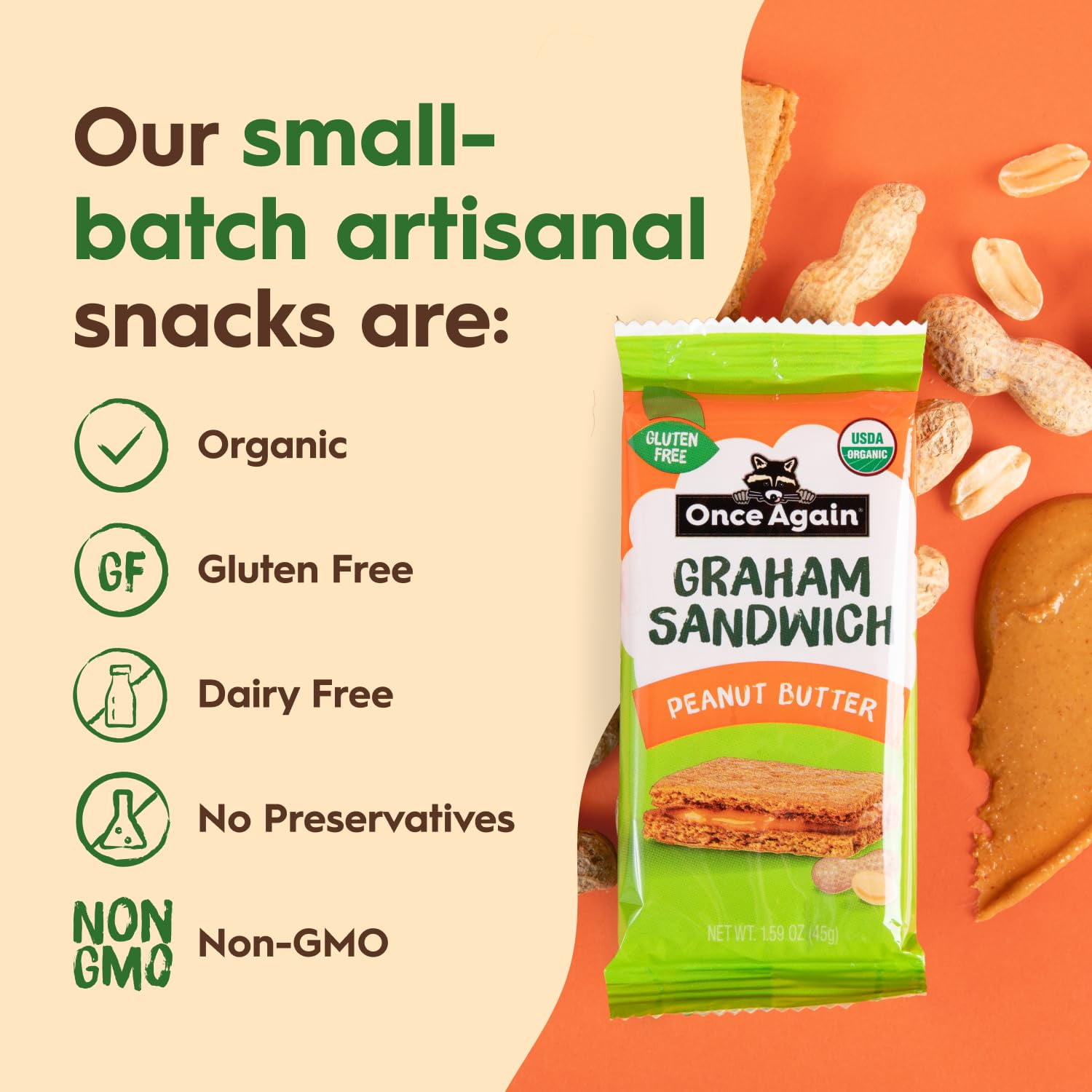 Once Again Peanut Butter BCF26 Crackers Graham Sandwiches - Free Graham Crackers with Organic Peanut Butter Filling - Vegan, Organic Snacks for Kids - Lunch Snacks Individually Wrapped, 8 Count