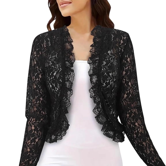 Women's Lace Work Cropped Blazer Jacket Fall Open Front Long Sleeve Fitted Bolero Jackets Cardigan for Dress