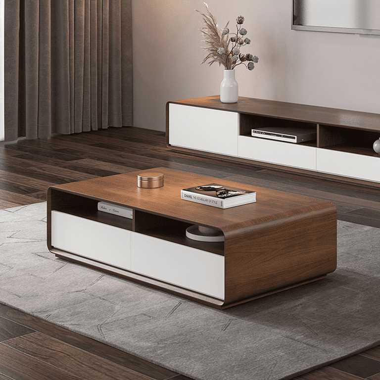 Clearance Modern Coffee Table Rectangular Wooden Coffee Table 4 Drawers for Living Room Open Shelf Storage Fully assembled