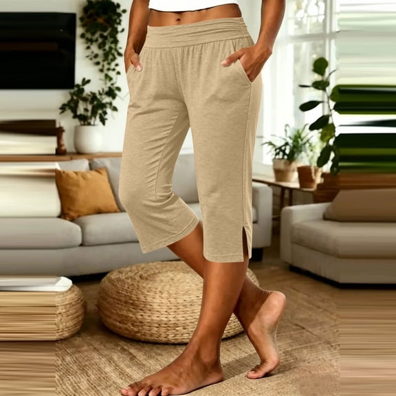 Women Casual Loose Pleated Capris with Pockets Solid Soft Lounge Pants