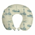 thumbnail image 1 of Lighthouse Travel Pillow Neck Rest, Hand Drawn Beach Pattern Summertime Illustration Vacation Tourism Elements, Memory Foam Traveling Accessory Airplane and Car, 12", Beige Dark Blue, by Ambesonne, 1 of 3