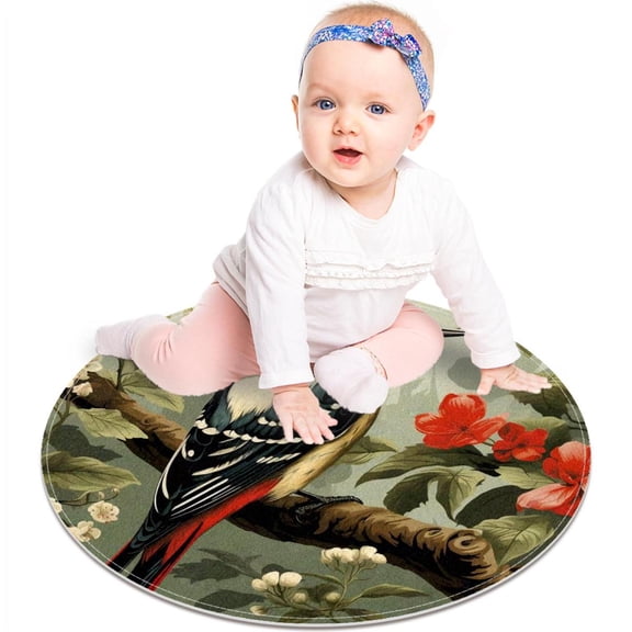 Woodpecker Bird on Red Berries Branch Prints Small Area Rugs Bathroom Rugs, Non-Slip Throw Rug Floor Carpet Door Mat for Sofa Bedroom Nursery Decor, 60cm Diameter