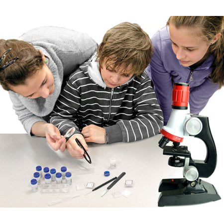 Fuggui Science Kits for Kids Microscope LED Source 100x 400x 1200x Magnification Toys for Boys Girls Beginner Gray