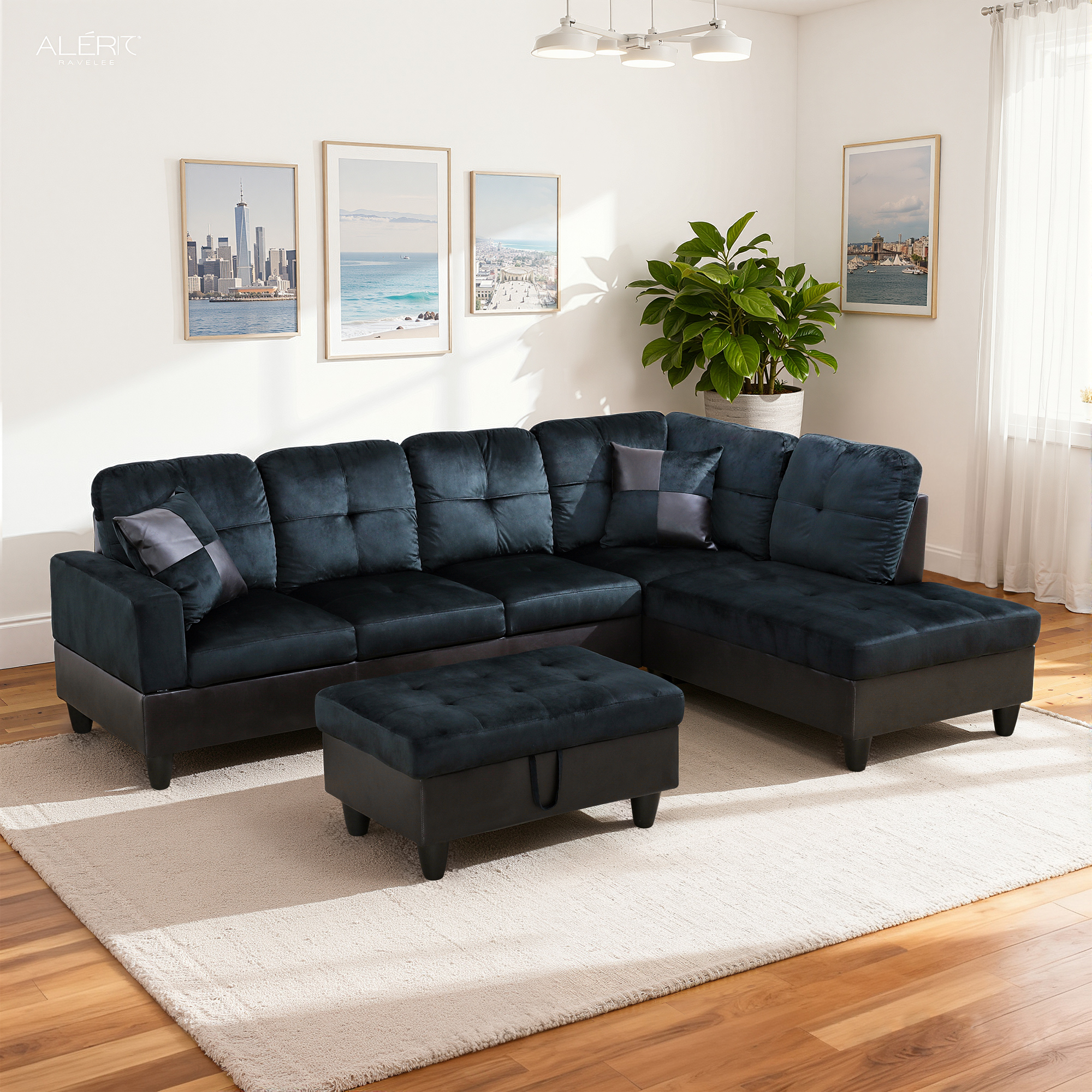 MAYEERTY Modern Adult 3-Piece Couch Living Room Sofa Set，Dark Blue And Brown