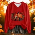 thumbnail image 2 of Womens Plus Size Halloween Sweatshirts Trendy Pumpkin Floral Printed Long Sleeve Graphic Tops Fall Loose Fit V Neck Tshirts Pullovers Red XL, 2 of 3