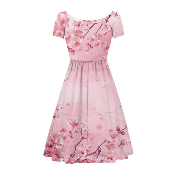 Scrawlgod Cherry Blossom Print Womens Summer Dress Midi Length with Sleeves Flexible One-Piece Dress for Women Summer with Round Neck and Wide Sleeves