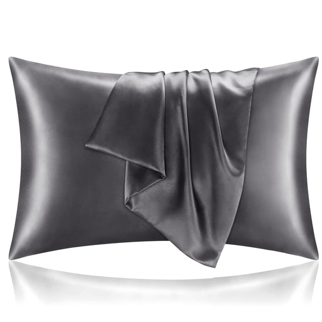 ZHAOCHENG Funda de almohada de seda satinada para cabello y piel, juego de 2 fundas de almohada de tamaño estándar en gris oscuro, funda de almohada súper suave con cierre de sobre (20 x 26 pulgadas)