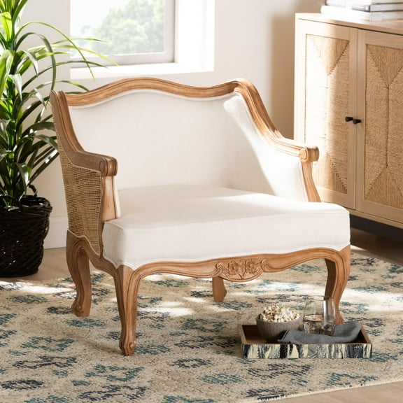 bali & pari Sylvestra Traditional Bayur Wood Fabric Armchair, Beige/Honey Oak