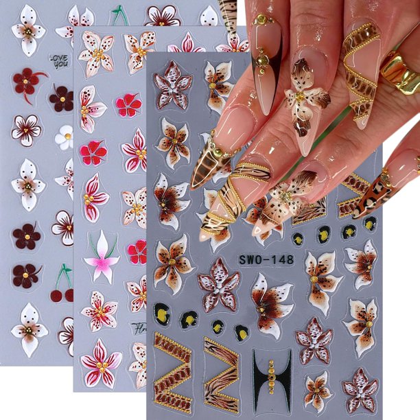 Adhesivos para uñas BMKKOT con forma de flor en relieve, 5D, autoadhesivos, 3 hojas