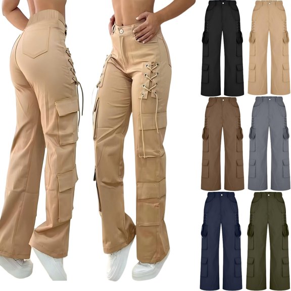 Tqcoqu Cargo Pants for Women with Pockets High Waisted Hiking Baggy Trousers Stretchy Wide Leg Y2K Streetwear,Army Green,Women's S-XL