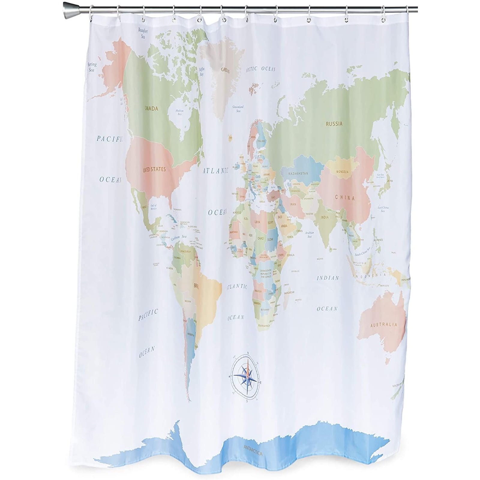 White and Black Design World Map Bathroom Waterproof Fabric Shower Curtain Set 