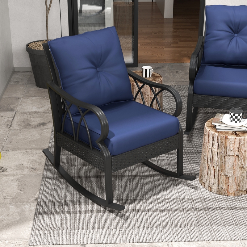 HOQBN 2-Piece Outdoor Wicker Rocking Chairs, Rattan Porch Rockers with Cushions, Aluminum Frame for Garden, Patio, Blue
